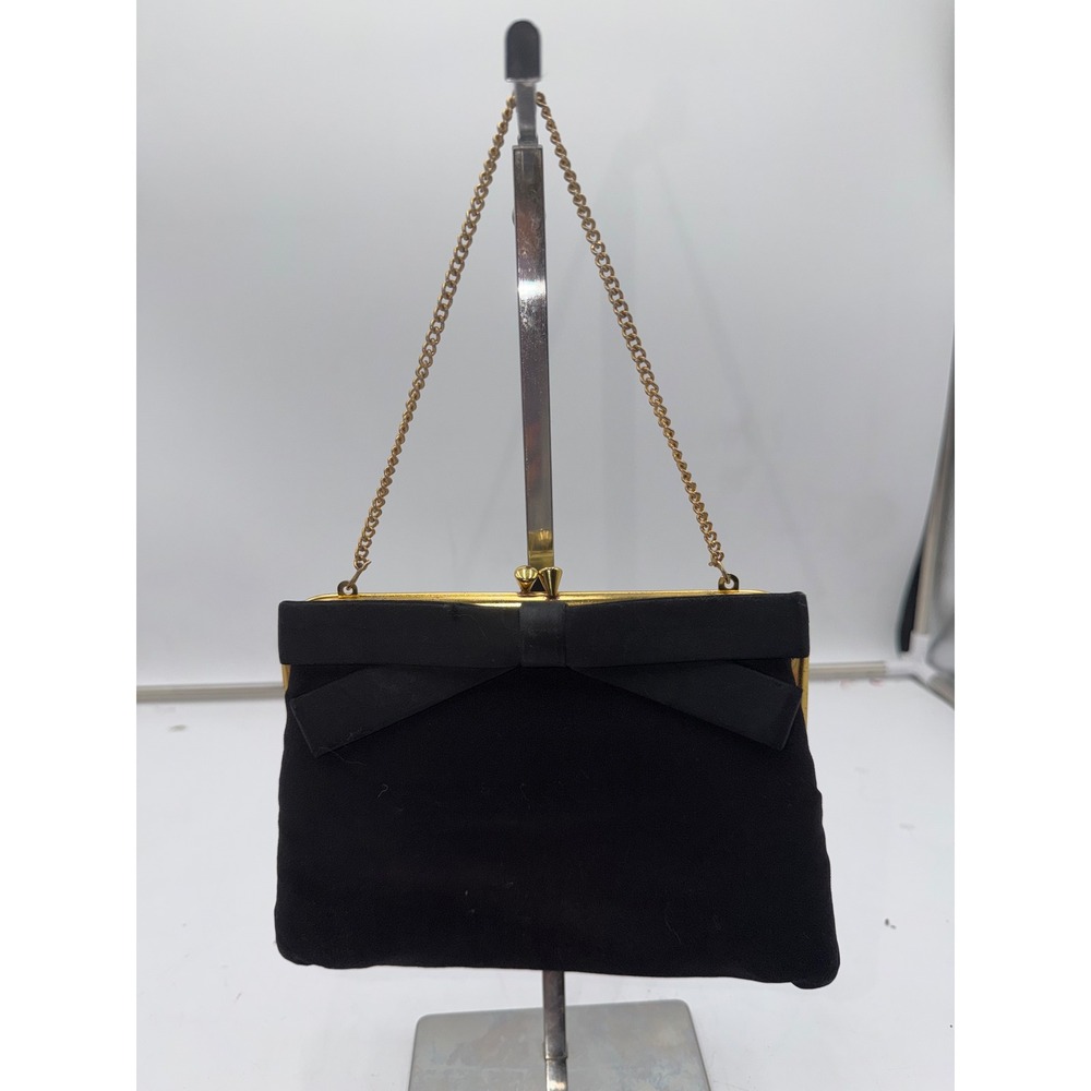 Peck & Peck Vintage Fifth Avenue Black Silk Crepe Bow Evening Bag Gold Chain